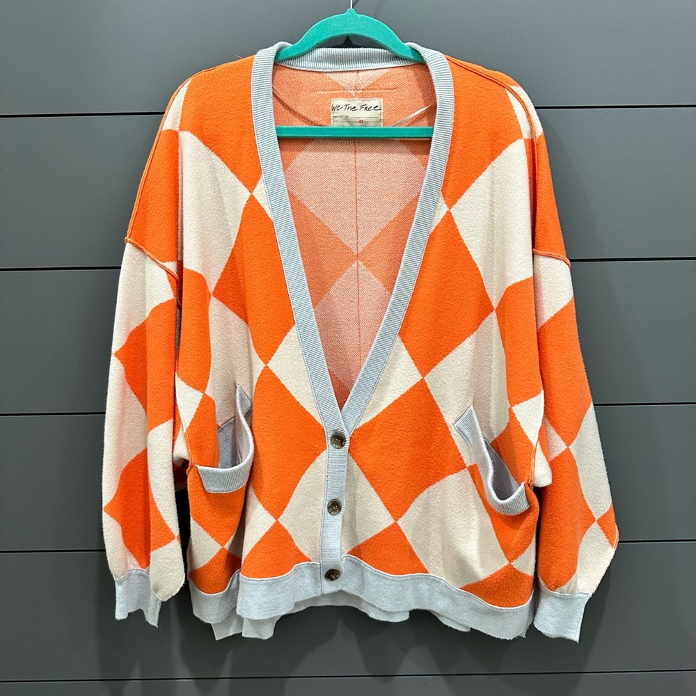 We The Free Orange and Cream Checkered Cardigan